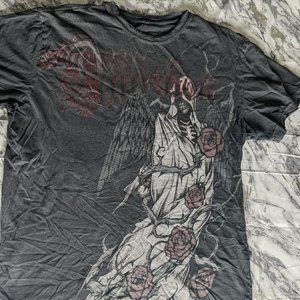 OG Vintage Affliction Shirt: Hooded Skeleton Angel with Roses (medium)